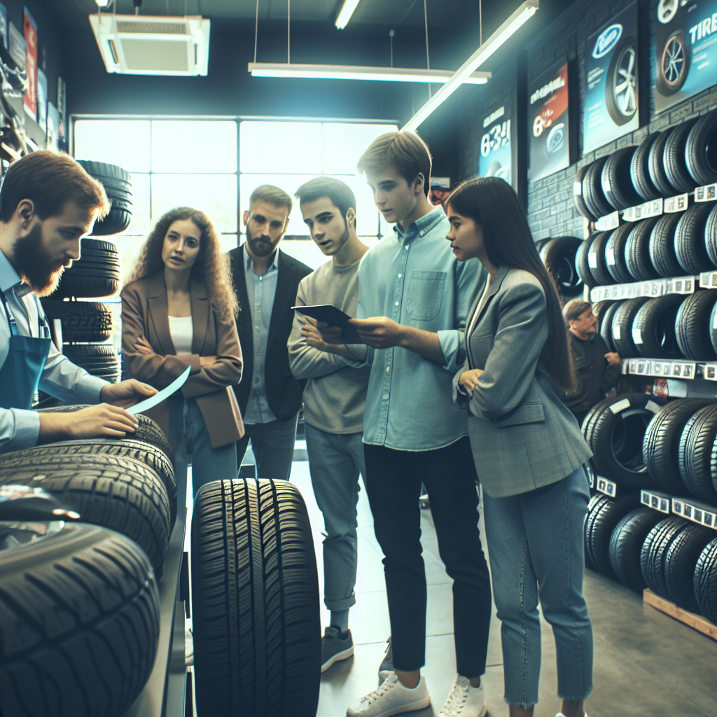 Imagine cu oameni in service auto, comparand preturile la anvelope de vara, avand un aspect european si intr-o atmosfera confortabila a magazinului.