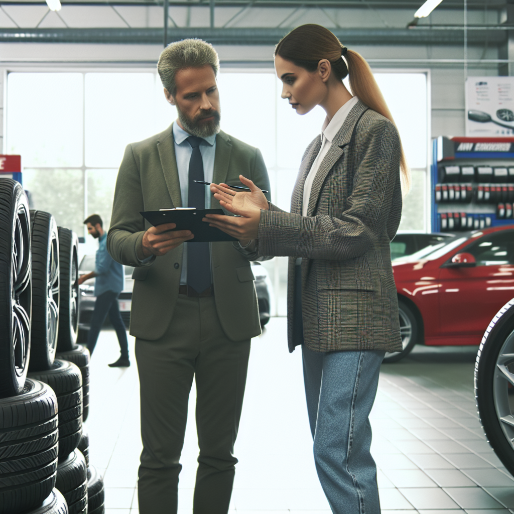 Persoane europene ale caror figuri sunt prezentate in timp ce aleg anvelope pentru masini intr-un service auto.
