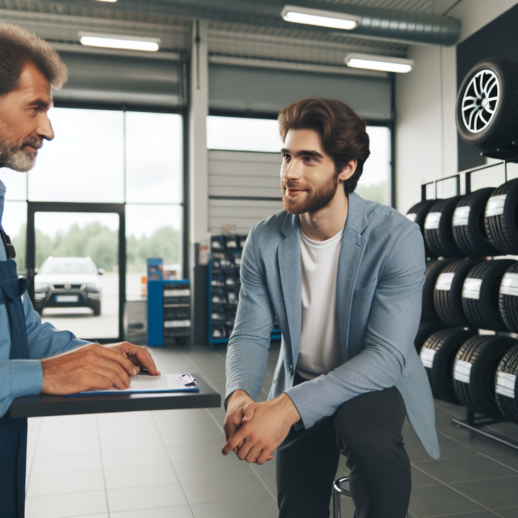 Barbat consultandu-se cu un specialist la service-ul auto despre alegerea anvelopelor viking, interiorul service-ului, standuri cu diferite modele de anvelope, oameni de tip european, atmosfera prietenoasa si profesionala.