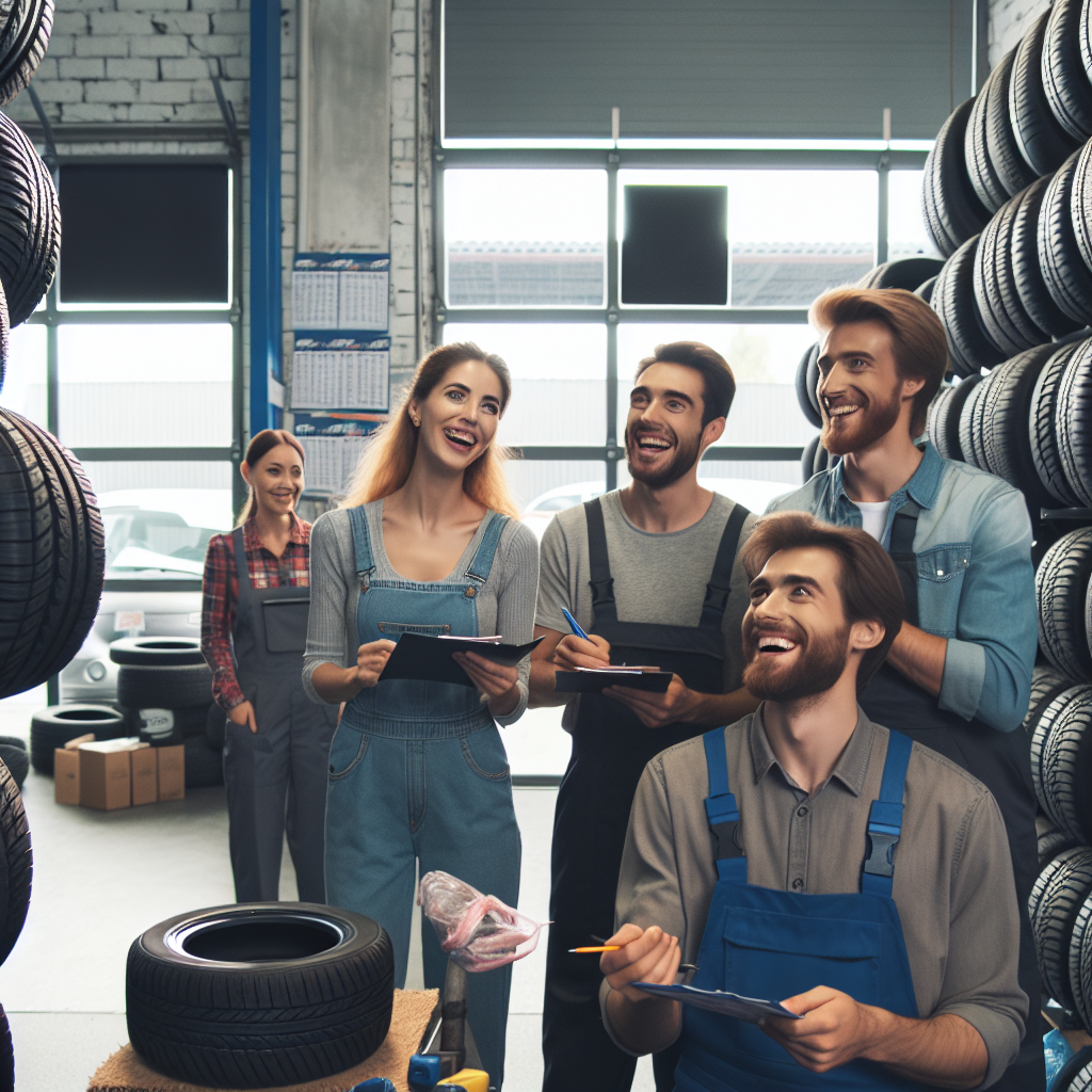 Imagine cu oameni alegand si comparand anvelope ieftine intr-un service auto, avand un aspect european si o atmosfera pozitiva.