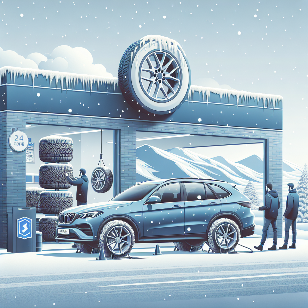 Automobil cu anvelope de iarna pe o sosea acoperita cu zapada, unde oameni de tip european aleg anvelope in service-ul auto cu logo-ul <a href=