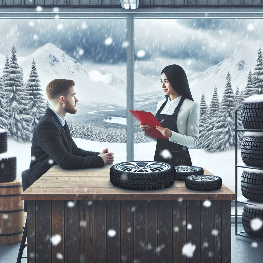 Client in service-ul auto, consultandu-se cu managerul despre anvelopele de iarna, amandoi de tip european, cu peisaj de iarna vizibil pe fereastra. Imaginea trebuie sa fie naturala si realista.