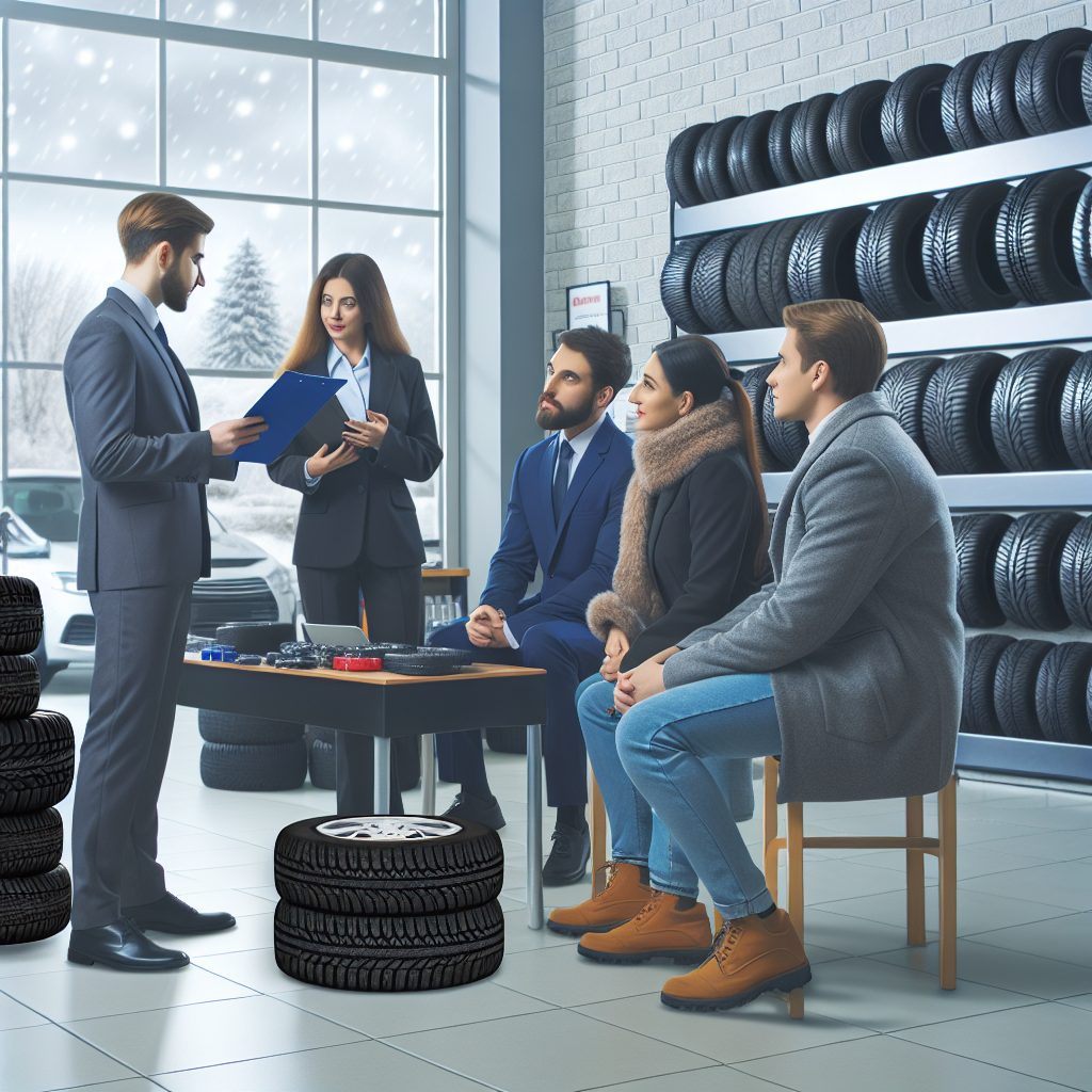 Clienti care aleg anvelope de iarna intr-un service auto confortabil, de tip european, cu anvelope expuse si un manager care ofera consultanta. Imaginea trebuie sa fie naturala si realista.