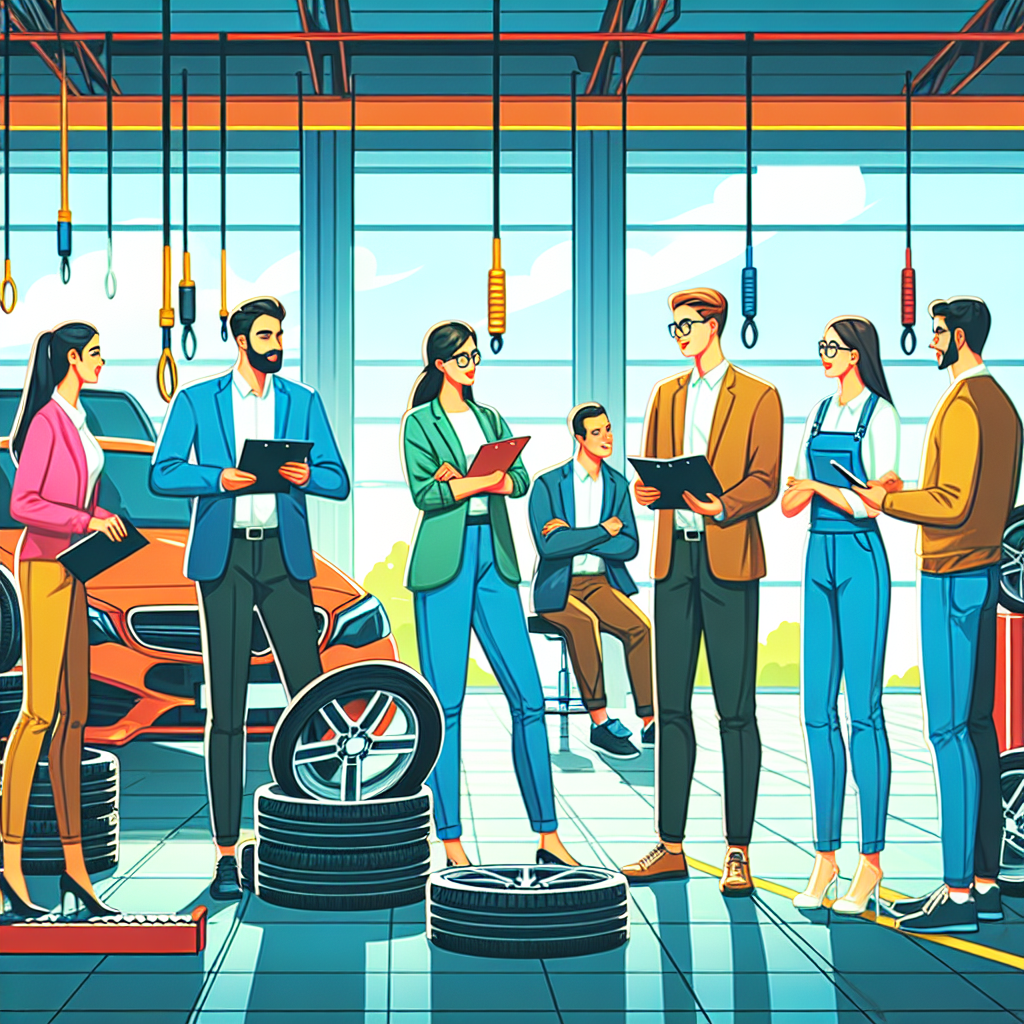 Imagine cu persoane de tip european care aleg anvelope pentru automobile intr-un service auto, intr-o atmosfera prietenoasa de discutie, cu culori vibrante si echipamente moderne.