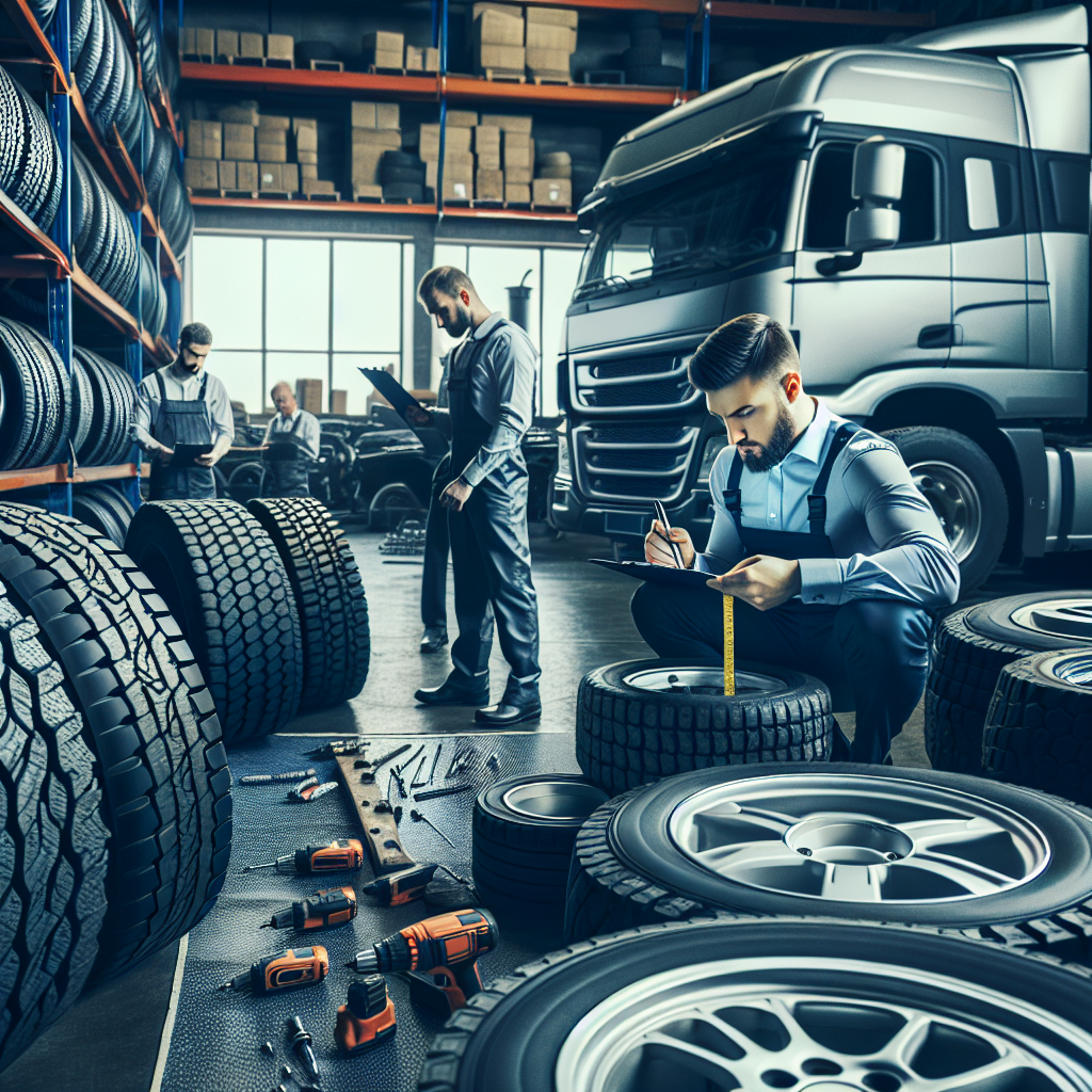 Imagine cu anvelope de camion alaturi de anvelope de persoane, cu mecanici auto care iau masuri. Toti oamenii sunt de tip european.