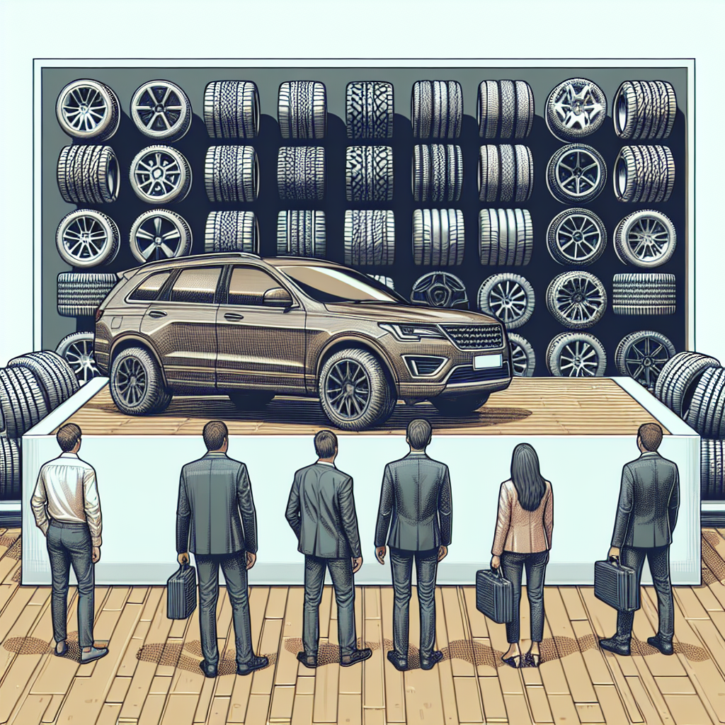Imagine cu un automobil pe fundalul diferitelor tipuri de anvelope, amplasate pe un suport. Toate detaliile trebuie sa arate natural, ca o fotografie, iar aparitia oamenilor trebuie sa fie de tip european.