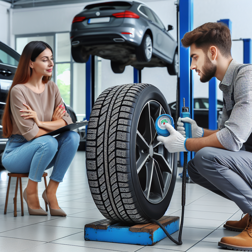 Imagine cu anvelope auto in timpul verificarii rigiditatii, pe fundalul unui service auto profesionist. In cadru sunt un barbat si o femeie, amandoi europeni, discutand despre starea anvelopelor.