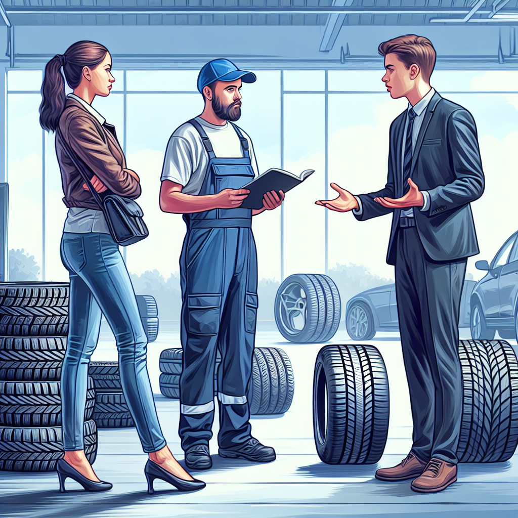 Imagine cu un mecanic care discuta cu un client despre alegerea anvelopelor auto intr-un service. Toate detaliile trebuie sa arate natural, ca o fotografie, iar aparitia oamenilor trebuie sa fie de tip european.