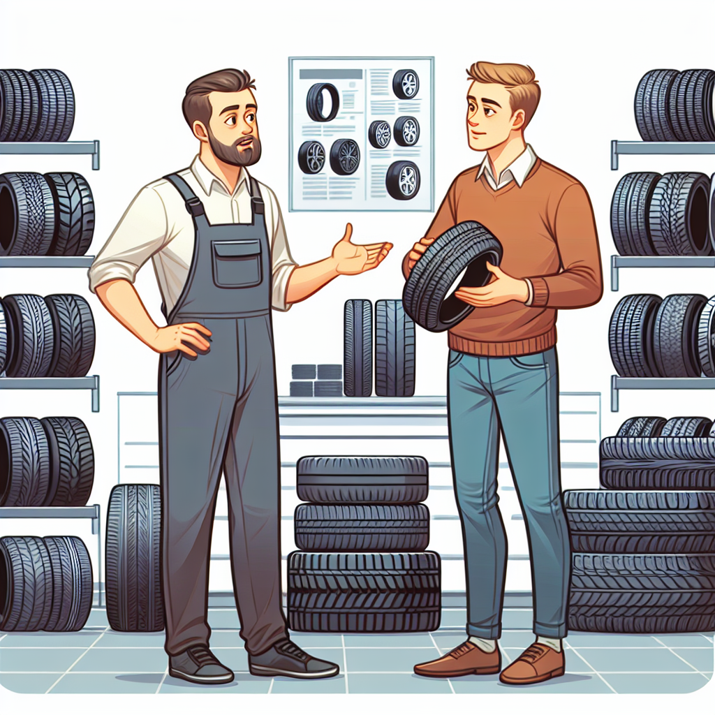Imagine in care un mecanic de la service auto arata diferenta dintre anvelopele moi si cele rigide, iar alaturi se afla un client care asculta cu atentie. Toate persoanele sunt de tip european.