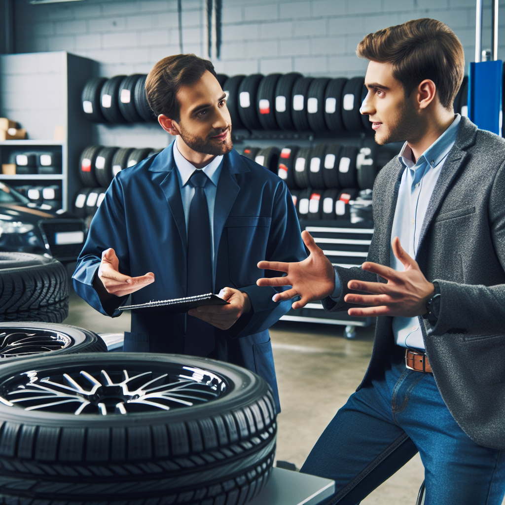 Imagine in care un mecanic arata diferite tipuri de anvelope (moi, medii si rigide) unui client in service-ul auto. Toate persoanele sunt de tip european.