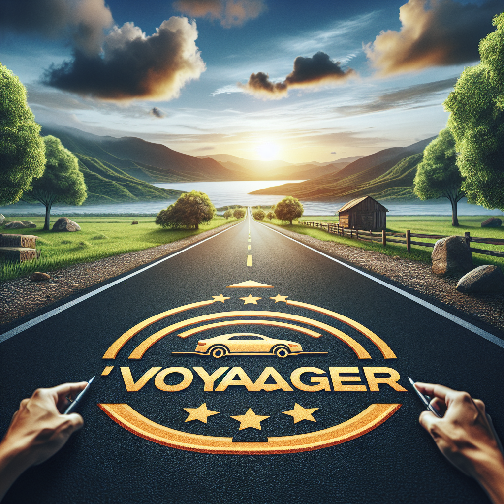 Imaginea logo-ului Voyager pe un fundal de sosea asfaltata, cu peisaje frumoase care sa creeze senzatia de condus de inalta calitate si fiabilitate, astfel incat imaginea sa arate ca o fotografie.