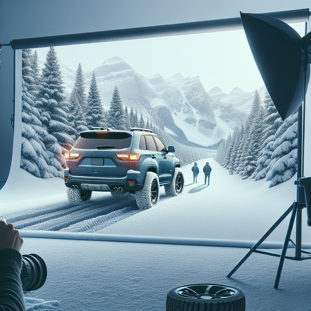 Imagine a unui SUV pe o sosea de iarna, cu anvelope de iarna bine vizibile, care arata ca o fotografie fara indicii de imagine artificiala. Persoanele din imagine au trasaturi europene.