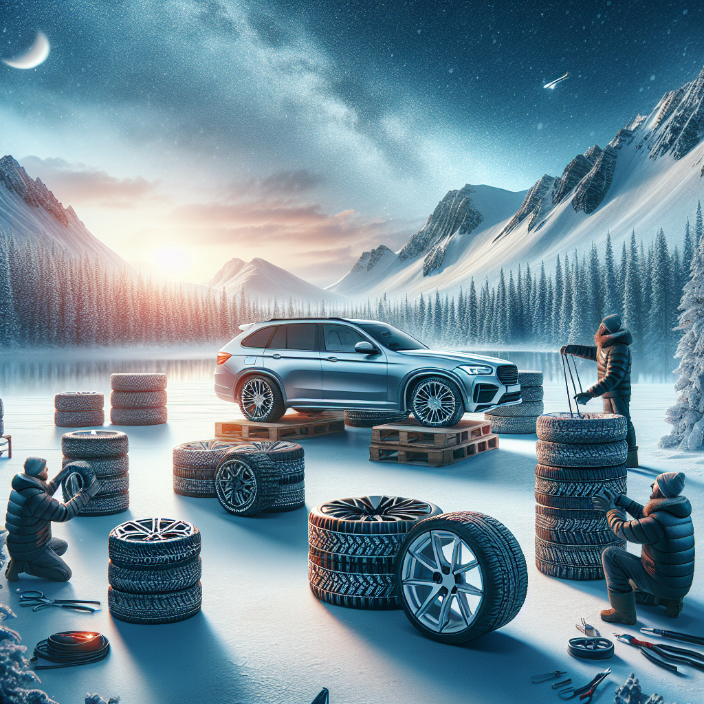 Imagine cu diferite modele de anvelope de iarna pentru crossover-uri si SUV-uri, pe fundalul unui peisaj de iarna, care arata ca o fotografie naturala. Persoanele din imagine au trasaturi europene.