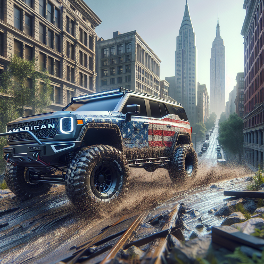 Imagine cu un SUV echipat cu anvelope americane folosite pe diferite tipuri de teren, precum oras, off-road usor si drumuri montane. Elemente trebuie sa para realiste, ca o fotografie.