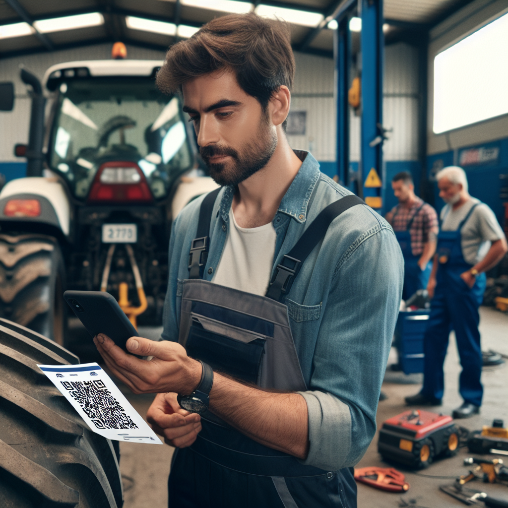 Foto cu o persoana citind marcajul de pe anvelopa de tractor in service auto, cu muncitori europeni pe fundalul masinilor si uneltelor.