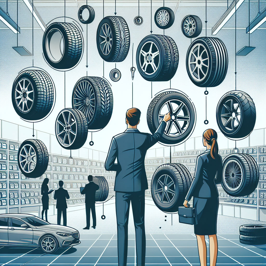 Imagine care arata procesul de alegere a anvelopelor pentru masina, punand accent pe diversitatea modelelor si profilelor, cu un fundal reprezentand interiorul unui magazin de produse auto, toate persoanele avand un aspect european.