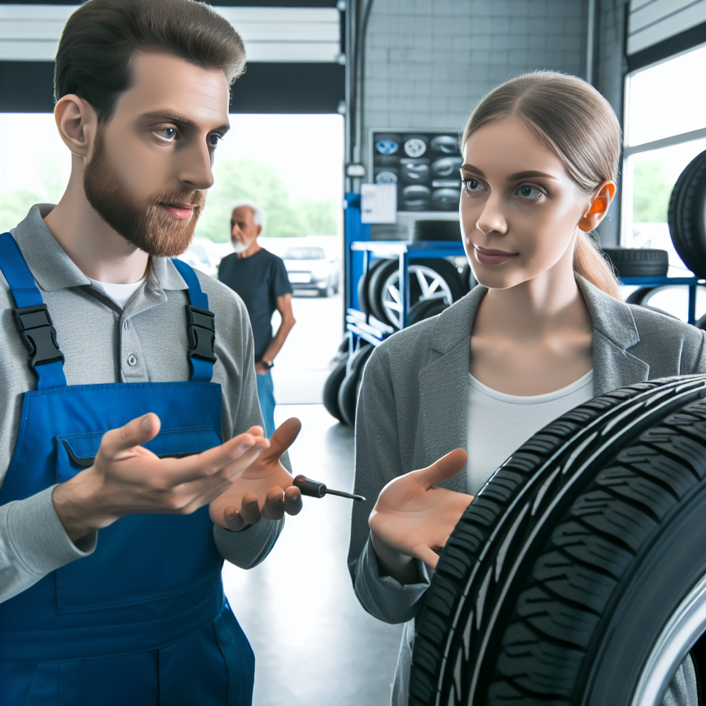 Imaginea unui mecanic auto profesionist intr-un service auto, care explica unui client marcajele de pe o anvelopa. Ambele personaje au trasaturi europene, iar mecanicul tine in mana o anvelopa cu marcajele vizibile. Imaginea are un aspect de fotografie, nu de desen.