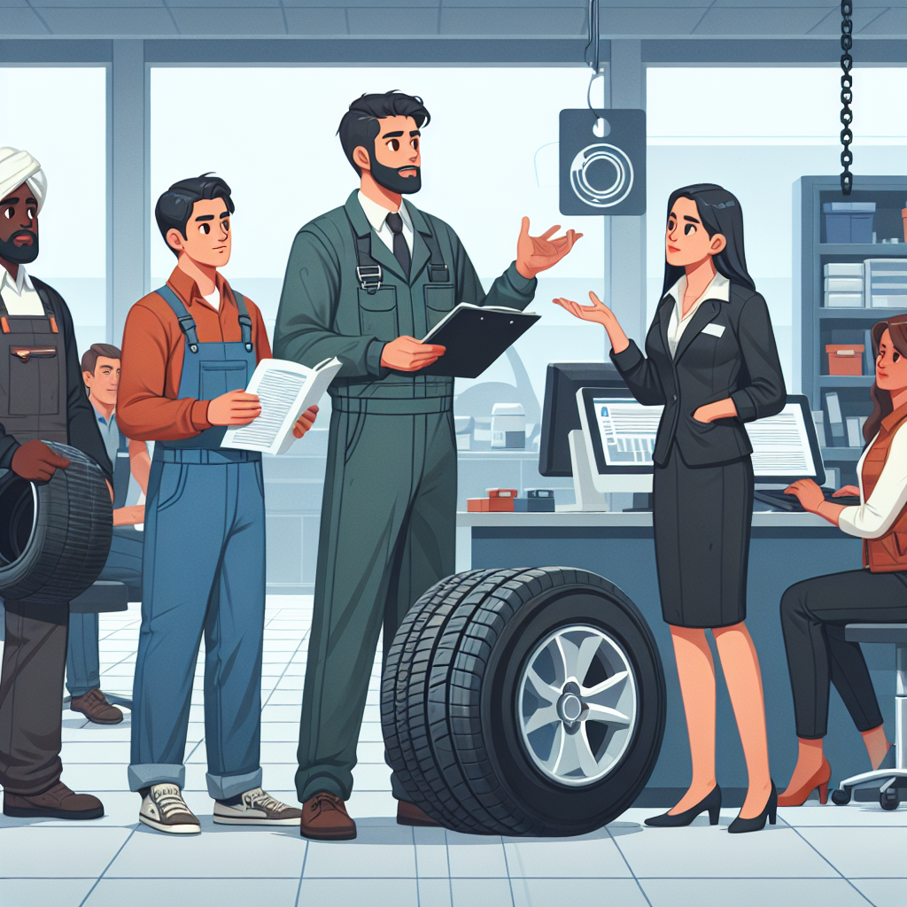 Imagine realistia cu oameni discutand mituri despre anvelope in service auto, aspectul tuturor persanelor fiind de tip european.