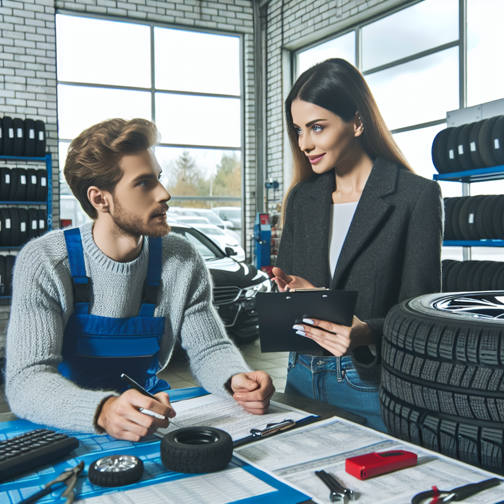 Imagine cu un barbat si o femeie discutand despre alegerea anvelopelor de iarna pentru autoturismul lor intr-un service auto, in jur fiind anvelope de iarna si uneltele mecanicilor auto.