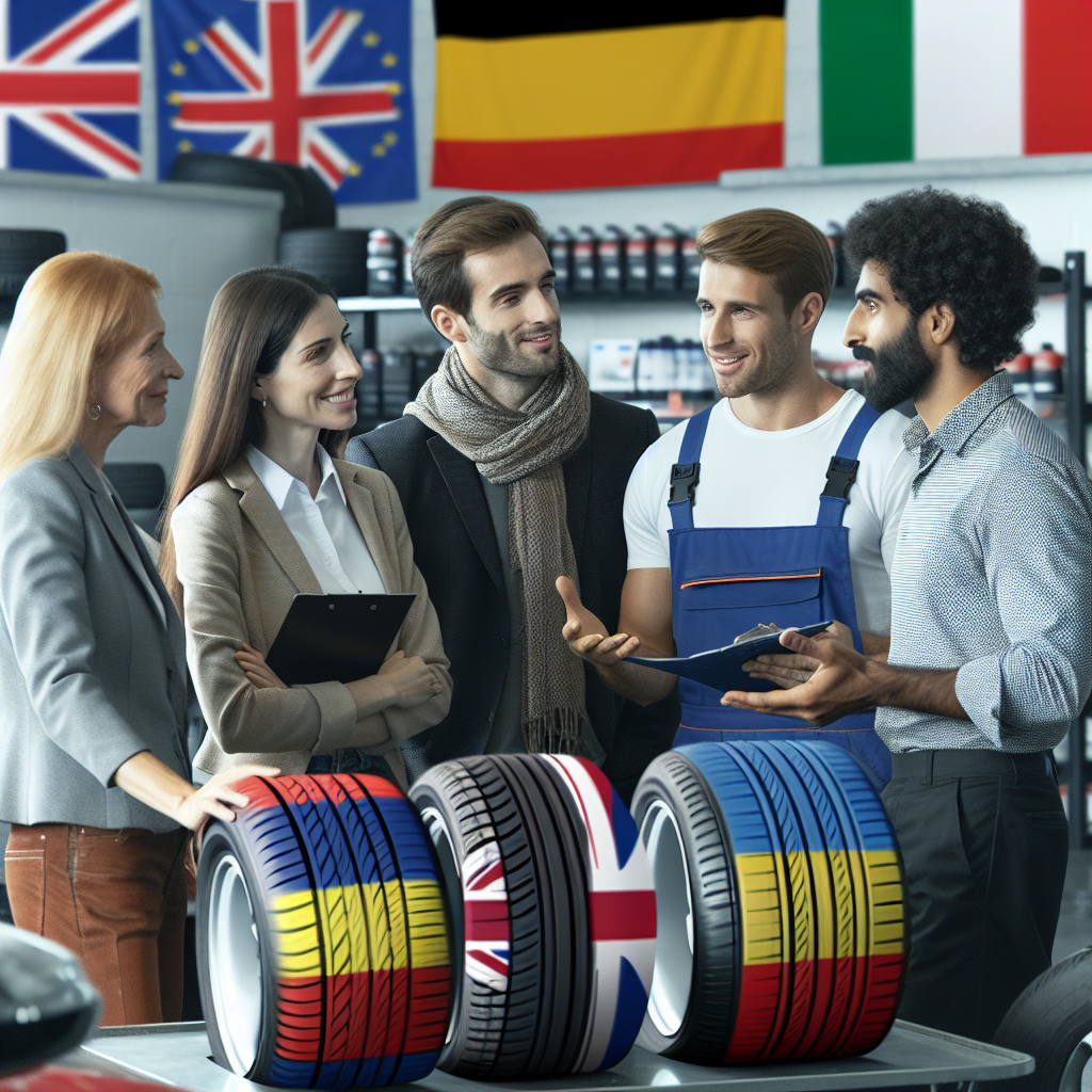 Imagine realistia cu oameni discutand despre anvelope in service auto, aspectul tuturor persoanelor fiind de tip european.