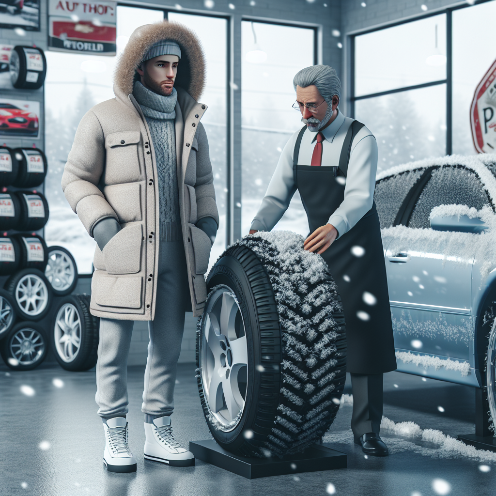 O scena de iarna cu o persoana care cumpara anvelope cu crampoane intr-un magazin auto, cu indivizi de tip european. Imagine realista, asemanatoare unei fotografii.