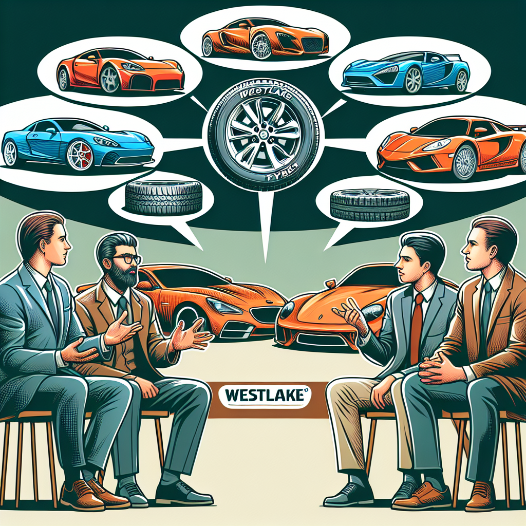 Изображение водителей, обсуждающих шины Westlake на фоне различных моделей автомобилей, все люди в изображении европейского типа.