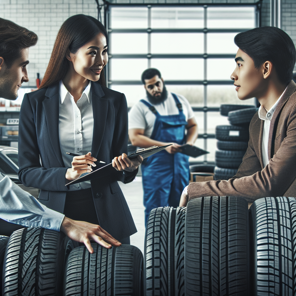 Imagine realistia cu specialisti ajutandu-l pe client sa aleaga anvelope pentru masina in service auto, aspectul tuturor persoanelor fiind de tip european.