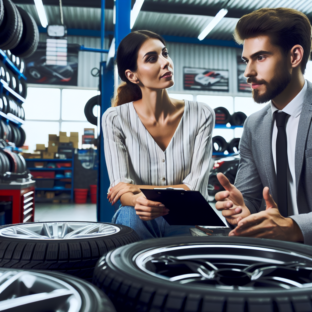 Imagine cu alegerea anvelopelor auto, foto, tip european, barbati si femei discutand despre anvelope si tehnologiile de selectie, pe fundalul unui service auto.