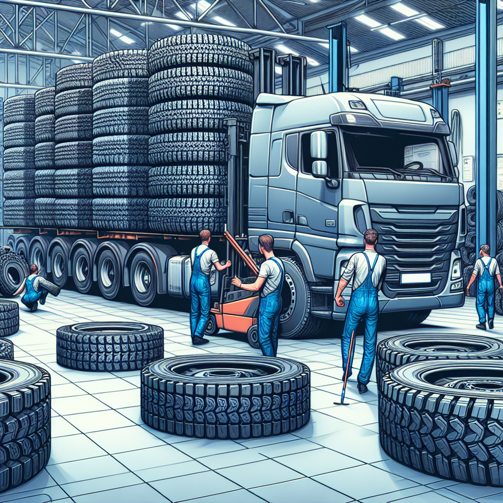 Imagini cu anvelope de camion cu marcaj clar, pe fundalul unui service auto, barbati si femei europeni ocupati cu montarea anvelopelor pe un stivuitor.