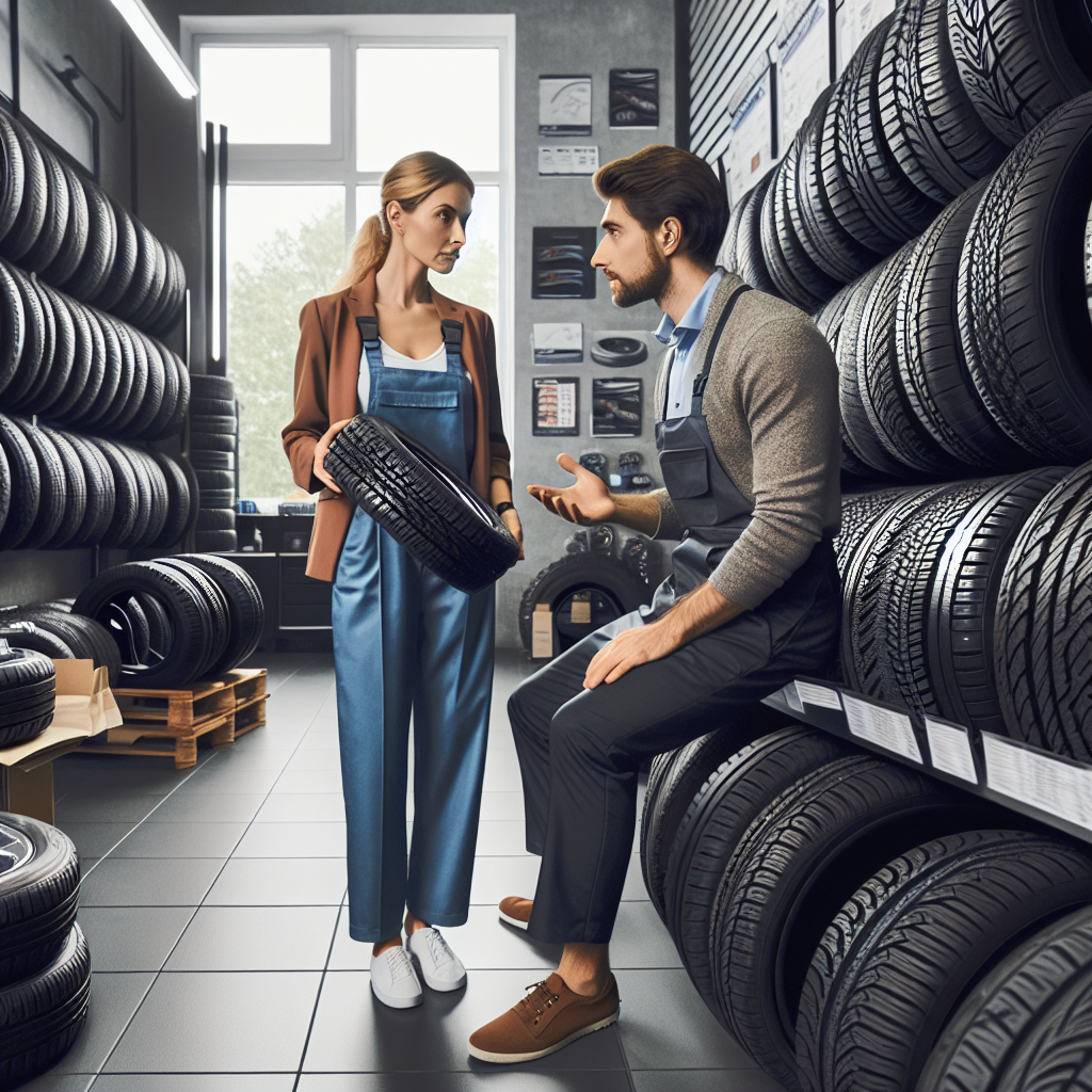 Imagine care demonstreaza alegerea anvelopelor auto, foto, tip european, femei si barbati discutand despre anvelope in service-ul auto, pe fundalul anvelopelor expuse de diferite tipuri.