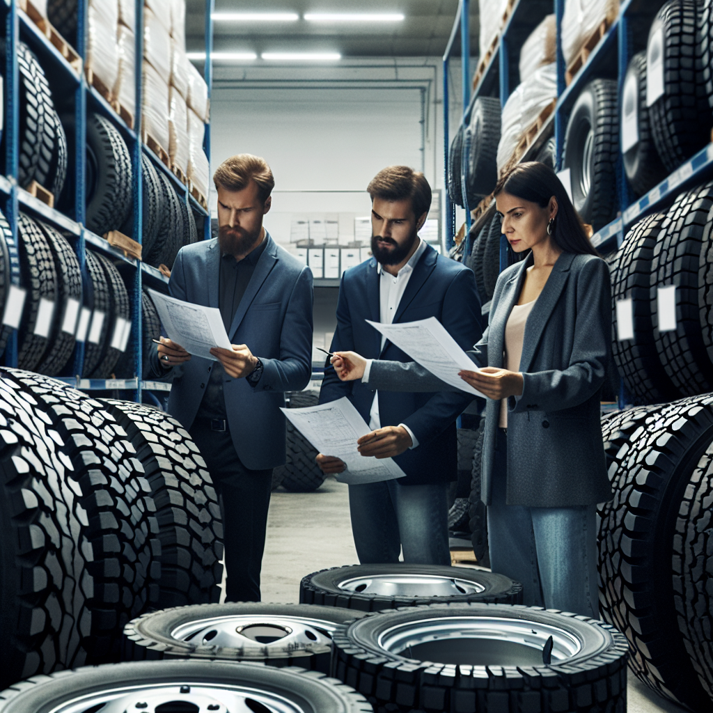 Imagini cu diverse anvelope de camion cu marcaj clar intr-un service auto, barbati si femei europeni studiind anvelopele si documentatia.