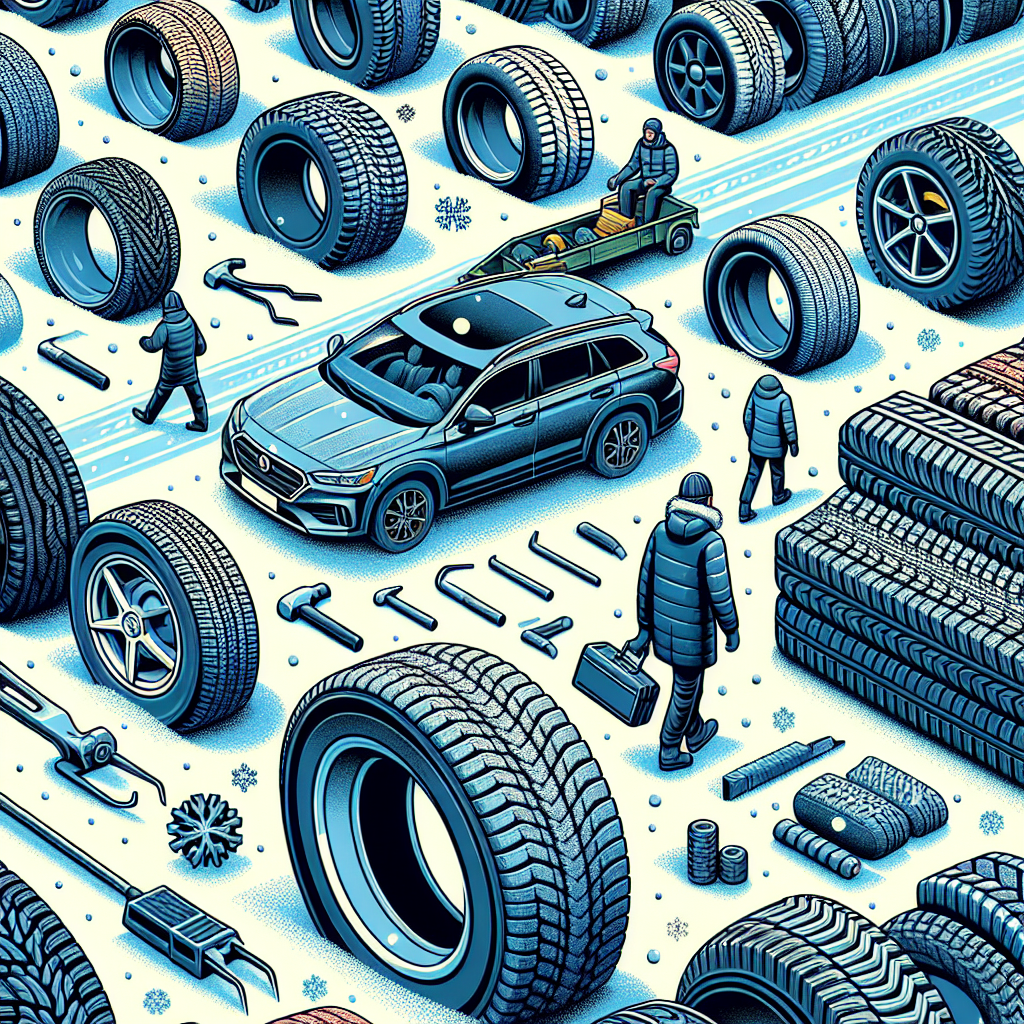 Imagine cu mai multe tipuri de anvelope de iarna, poziționate pe fundalul unui automobil in miscare pe o sosea acoperita de zapada. Persoanele afisate au un aspect european.