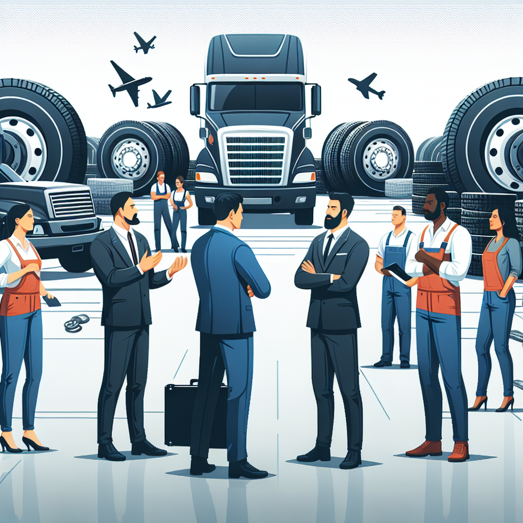 Imagini cu anvelope de camion si marcajul acestora pe fundalul unui proces de lucru in service auto, barbati si femei consultandu-se cu mecanicii.