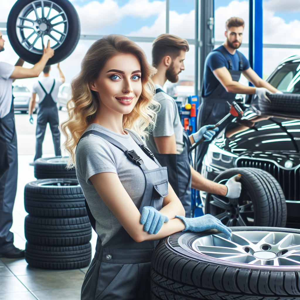 Imagine a unui serviciu auto modern, unde se instaleaza anvelope Zeta pe un automobil. Se observa mesteri profesionisti care lucreaza la masina, iar in fundal sunt vizibile diferite modele de anvelope Zeta. Aparentele tuturor persoanelor sunt de tip european.