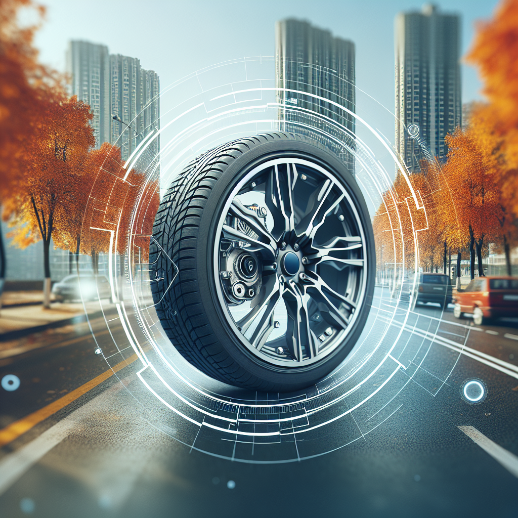 Imaginea unei roti de automobil cu marcaje clare si etichete, pe fundalul unui peisaj urban de toamna; toate fotografiile trebuie sa arate ca si cum ar fi fost realizate cu un aparat foto obisnuit, astfel incat sa nu poata fi deosebite de fotografiile reale.