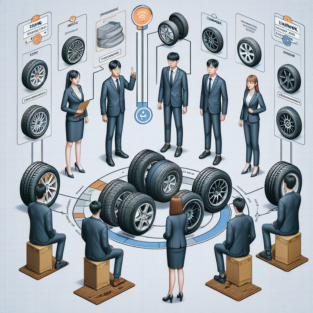 Ilustrarea procesului de alegere intre anvelopele Kumho si Hankook, cu elemente grafice care subliniaza criteriile de selectie.