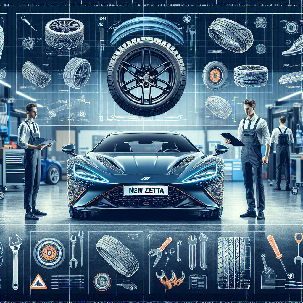 Imagine cu o masina dotata cu anvelope noi Zeta, in fata unui serviciu auto, unde mesterii verifica starea anvelopelor. Trebuie sa fie vizibile unelte si detalii de diagnosticare. Aparentele tuturor persoanelor sunt de tip european.