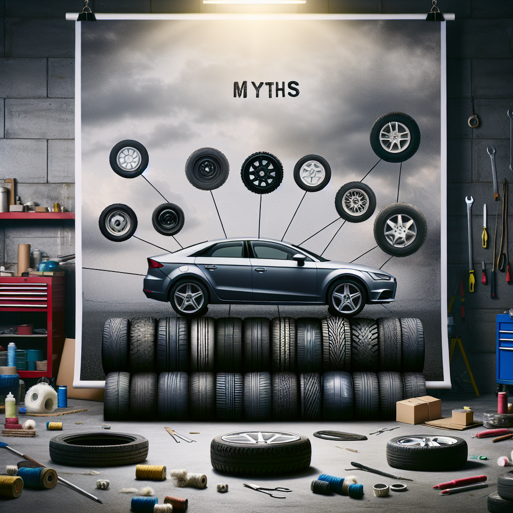 Imaginea unui automobil pe fundalul unor anvelope variate cu inscriptioni, care lumineaza diferite mituri despre anvelope, pe fundalul unui atelier; imaginea trebuie sa arate ca o fotografie.