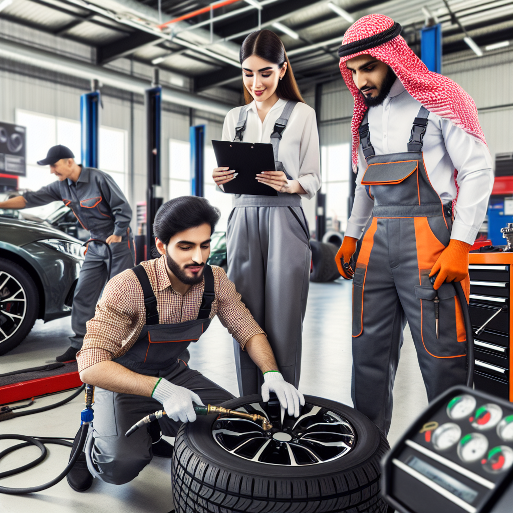Imagine cu un automobil la un service de schimbare a anvelopelor, unde profesionistii verifica indicele anvelopelor auto, cu unelte si echipamente de diagnosticare, fundal - un atelier deschis.