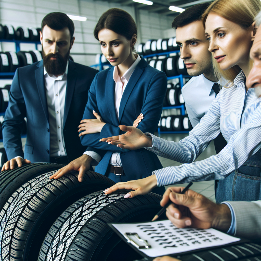 Grup de oameni care analizeaza diverse anvelope auto intr-un service, accentul este pe marcajele de pe anvelope, aspectul oamenilor este de tip european. Expresiile faciala ar trebui sa fie interesate si concentrate.