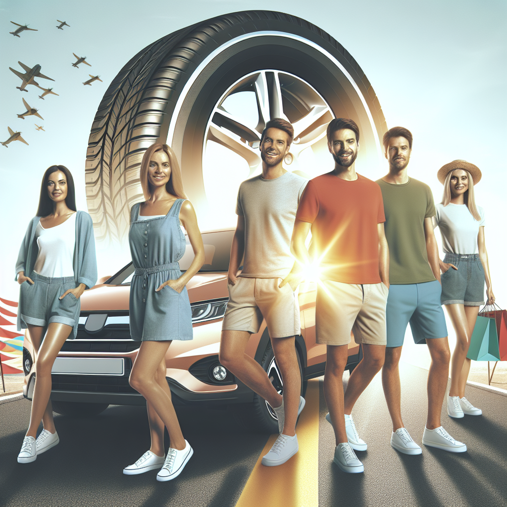 Imaginea arata vara anvelope pentru un crossover pe fundalul unui automobil, intr-o zi insorita, oameni de tip european, imbracati in haine de zi cu zi.
