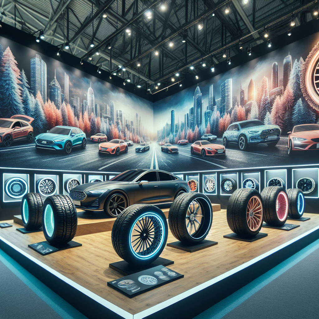 Imagine cu o expozitie de anvelope auto, prezentand o multitudine de modele, care pare a fi o fotografie. Iluminarea trebuie sa fie ajustata pentru a crea o atmosfera atractiva.