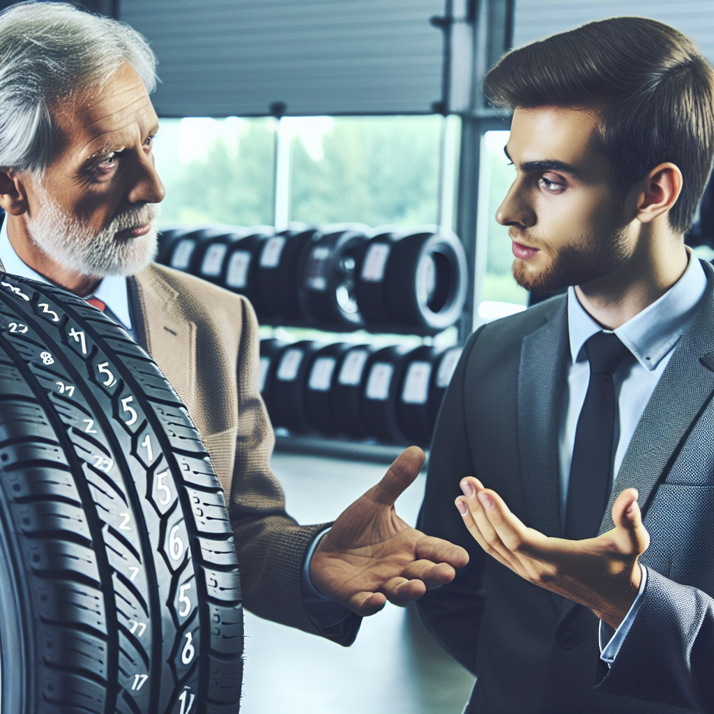 Foto a unui profesionist care arata unui client peretele lateral al unei anvelope auto, evidentiind marcajele, cu accent pe cifrele si simbolurile mari. Toti oamenii ar trebui sa fie de tip european si sa para implicati in procesul de discutie.