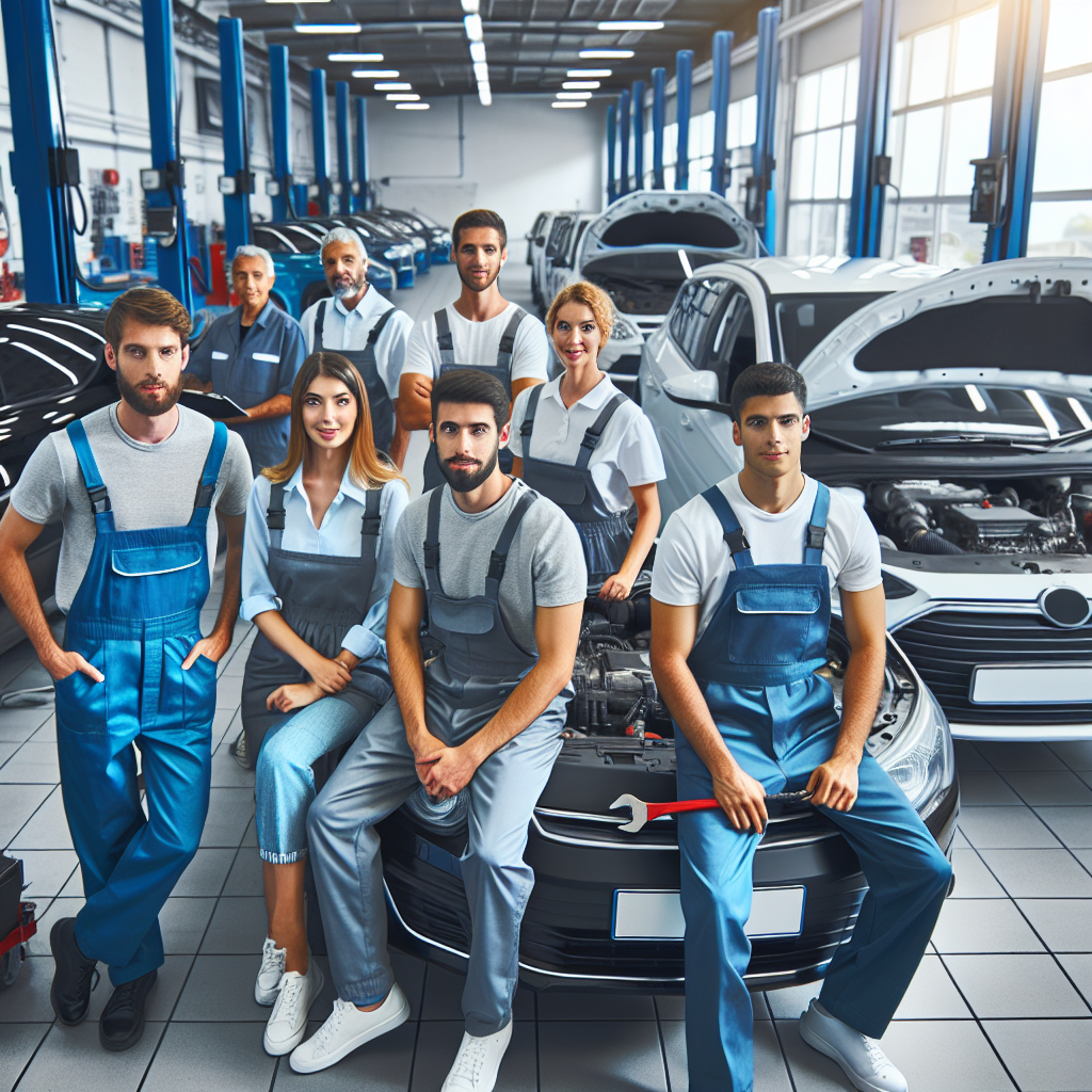 Imaginea unui service auto modern, cu mestesugari profesionisti lucrand la un automobil. Toate persoanele din imagine trebuie sa fie de tip european, lucrand intr-un mediu confortabil si curat, care include echipamente de ultima generatie pentru diagnosticarea si repararea automobilelor.
