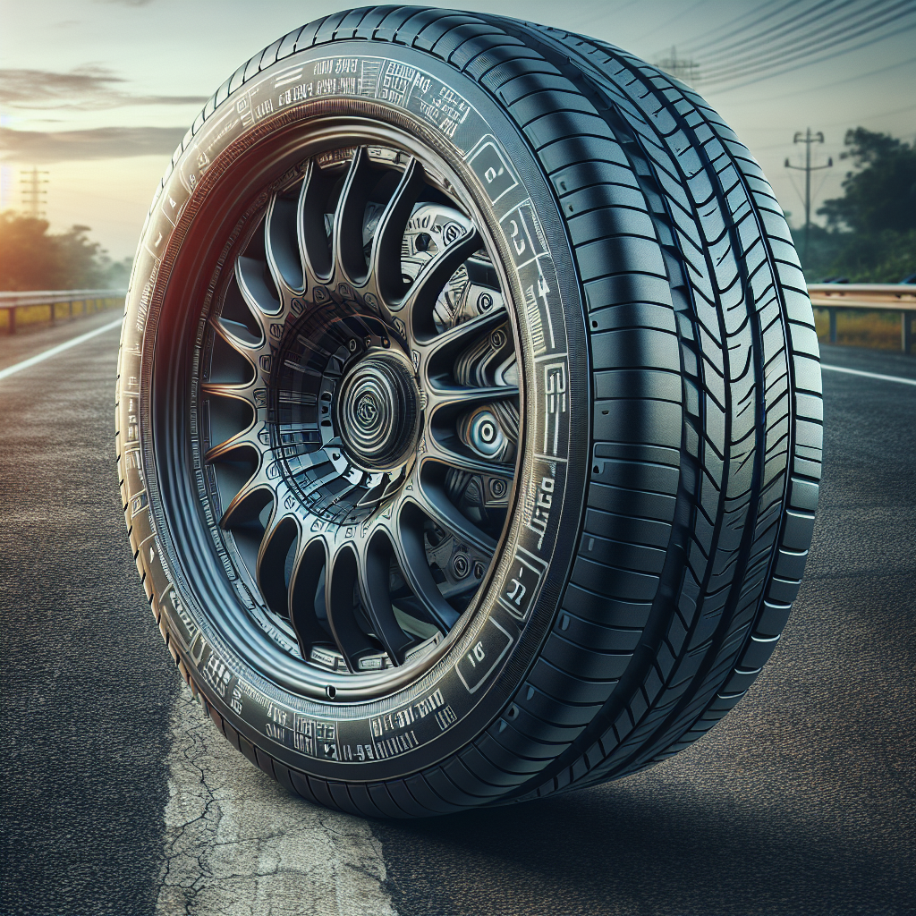 Fotografie a unei pneuri auto cu marcaje clare si parametrii, pe fundal de sosea. Pe pneu trebuie sa fie vizibile cifre si litere, precum si o vedere generala a rotii pe automobil.