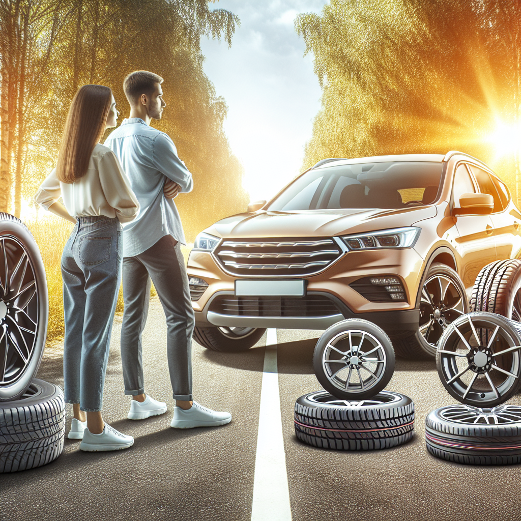 Imaginea ilustreaza diferite tipuri de anvelope de vara pentru crossover-e langa un automobil pe o strada asfaltata, intr-o zi insorita, oameni de tip european alegand anvelope.