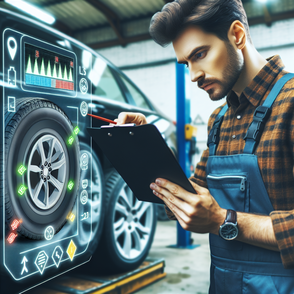 Persoana care studiaza informatiile despre anvelope pe masinile sale, cu accent pe autocolantul cu marcaje. Aspectul persoanei ar trebui sa fie european, iar in fundal ar putea fi un garaj sau un centru auto.