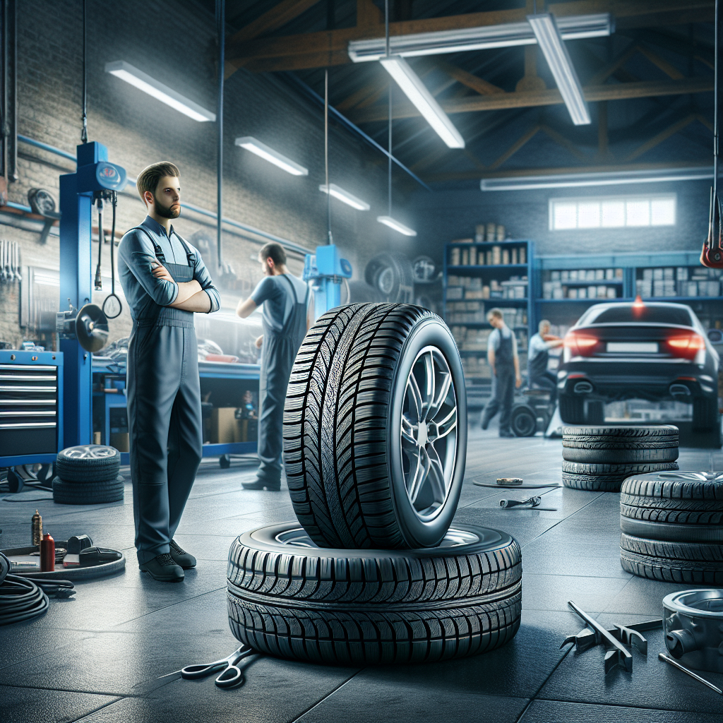 Imagine cu anvelope all-season pe fundalul unui service auto, unde tehnicienii de tip european lucreaza, foto, sa nu se deosebeasca de realitate.