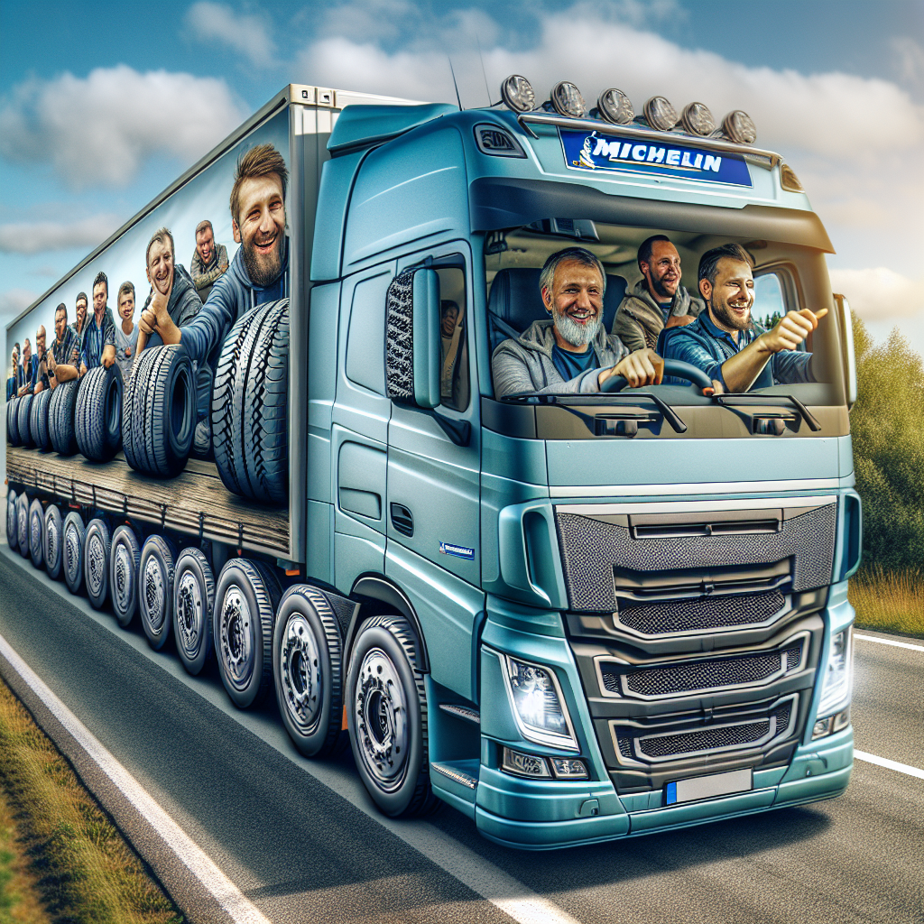 Imaginea unui camion pe drum, echipat cu anvelope Michelin, care arata ca o fotografie, cu barbati si femei europeni la volan, afisand bucurie in urma unei calatorii sigure si confortabile.