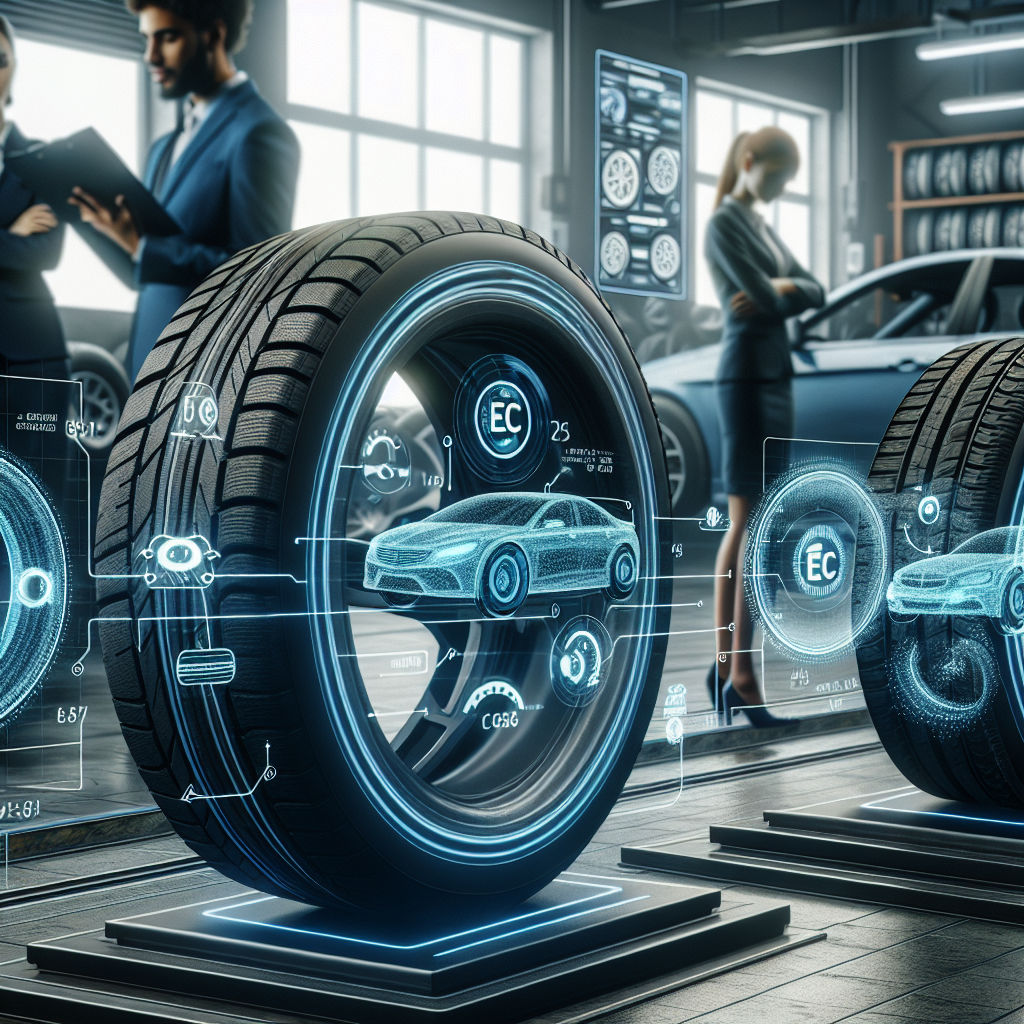 Imaginea ilustreaza diversitatea anvelopelor moderne cu eticheta UE si noi tehnologii, pe fundalul unui service, unde specialistii verifica anvelopele automobilelor. Aratati o abordare inovatoare in intretinerea si alegerea anvelopelor.